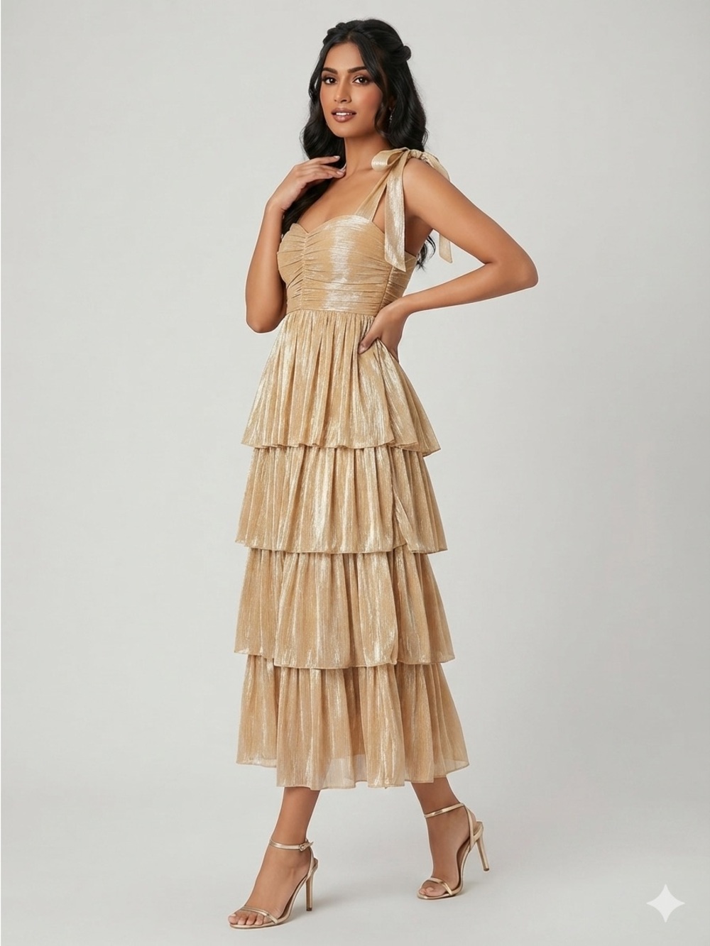 Lulus Shimmer Gold Tiered Ruffle Dress Medium Bow Strap Fairycore Coquette
